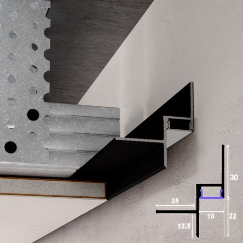 LED ēnu šuves profils 16 × 22 mm, Melns, RAL 9005