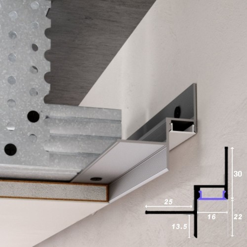 LED ēnu šuves profils 16 × 22 mm, Neapstrādāts alumīnijs