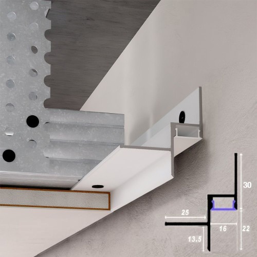 LED ēnu šuves profils 16 × 22 mm, Balts, RAL 9016